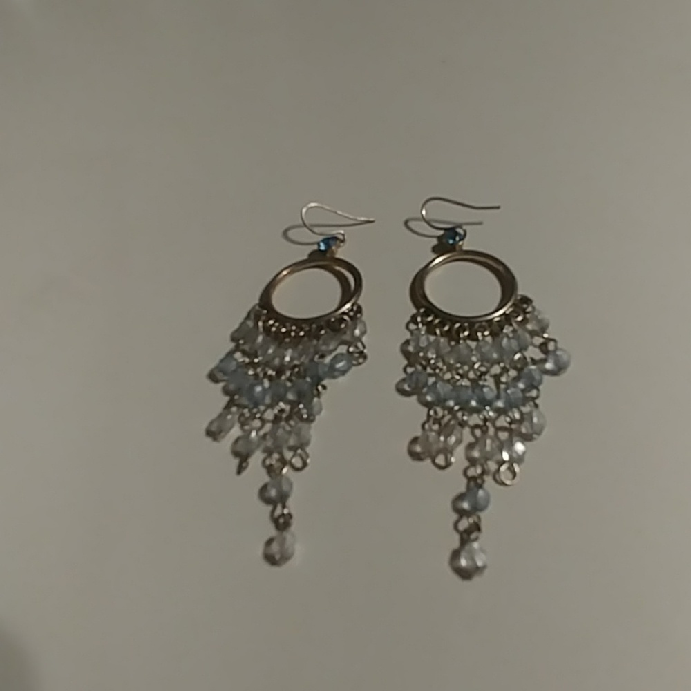 Silver-toned blue beaded dangle earrings